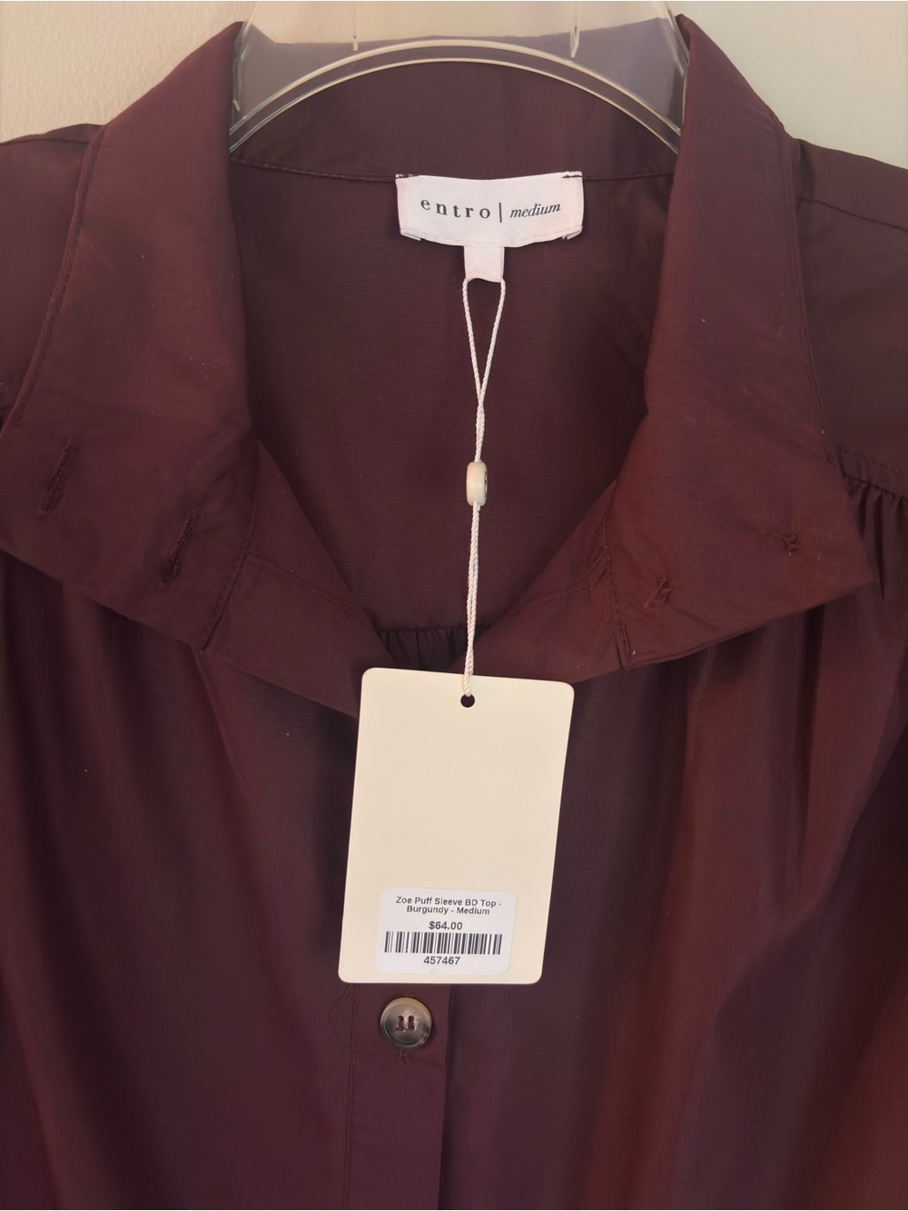 entro Size M Wine Puff Sleeve Cropped Button-Down Blouse - Picture 4 of 8